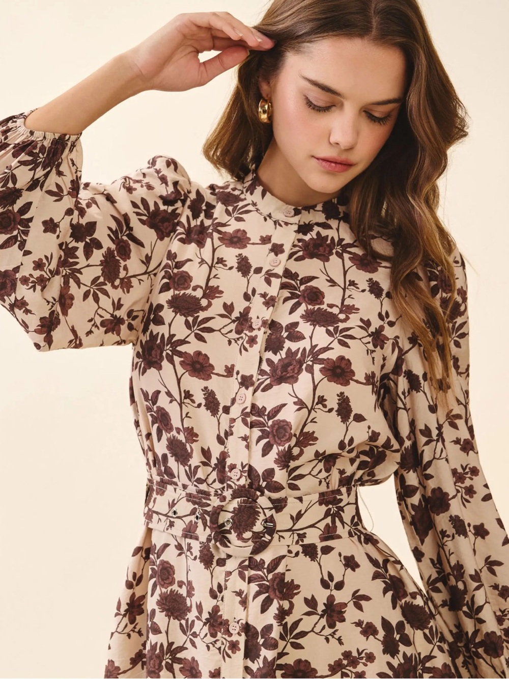 TCEC Cream Long-Sleeve Floral Midi Dress with Brown Print